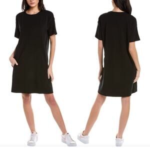 Eileen Fisher Tencel Stretchy Knit Pocketed Little Black Jewel Neck Mini Dress S